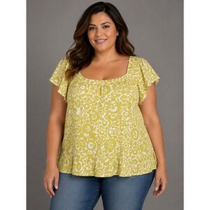 Ces Femme Floral Peplum Blouse 2X Boho Cottagecore Flutter Sleeve Top